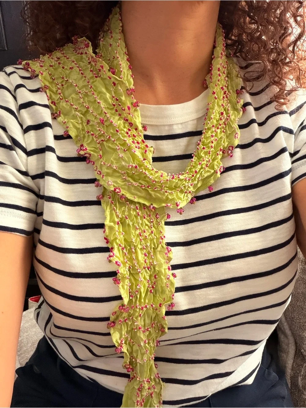 Light Green & Pink Beaded Ruffled Silk Scarf - Tie Dye Scarf #629